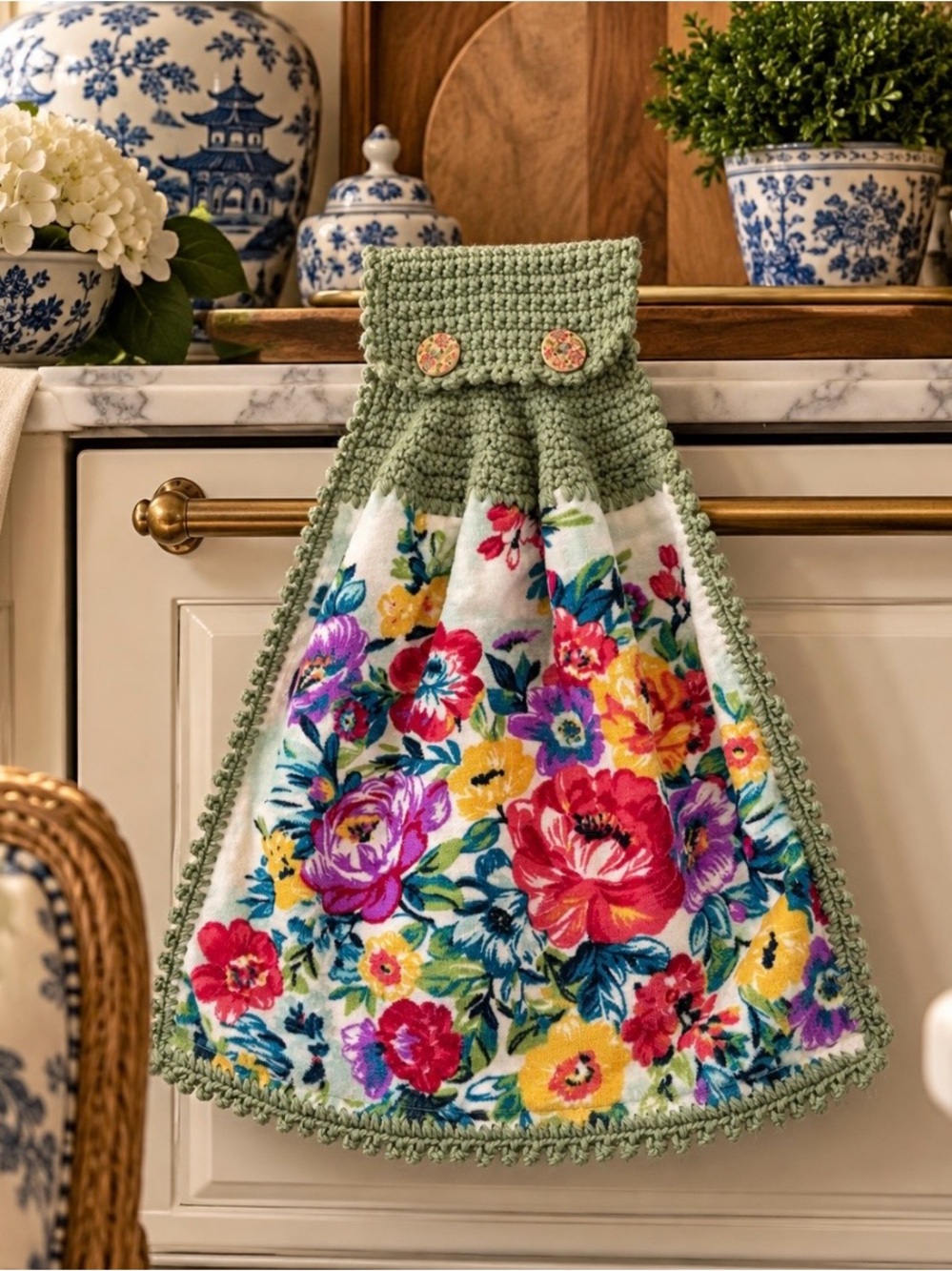 Pioneer Woman Floral Sage Green Crochet Hanging Kitchen Towel